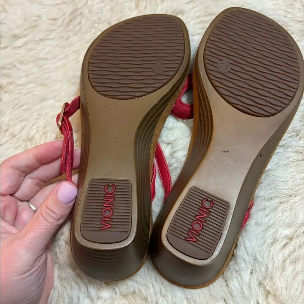 Vionic Red Tan Wedge Sandals with Metallic Accent - Picture 8 of 9
